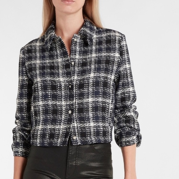 Express Black, Blue & White Cropped Tweed Embellished Shirt Jacket- NWT - Picture 1 of 17